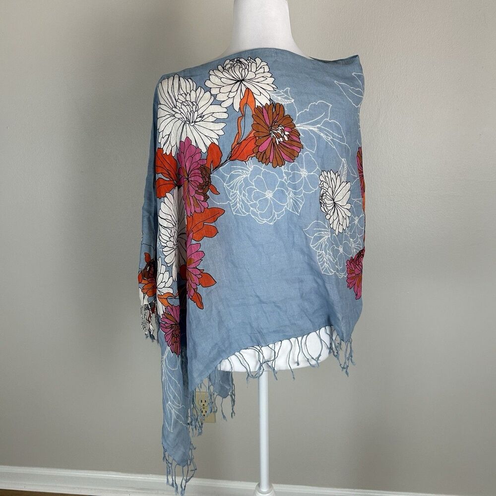Spartina 449 Spring Floral Linen Poncho Topper Fringe One Size Shawl Wrap Top